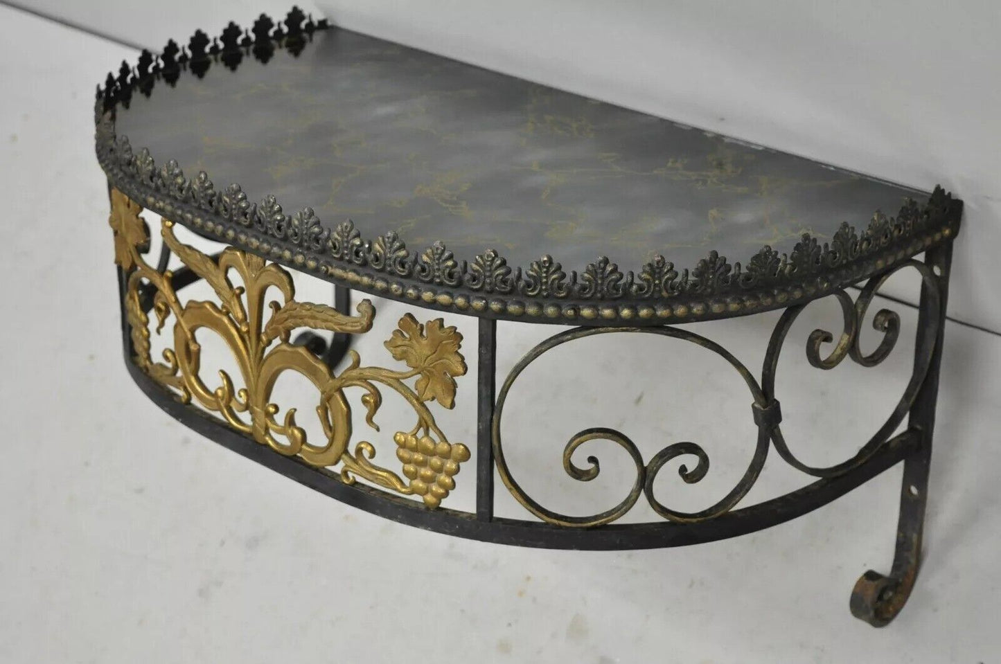 French Art Nouveau Wrought Iron Grapevine Maple Leaf Wall Mounted Console Table