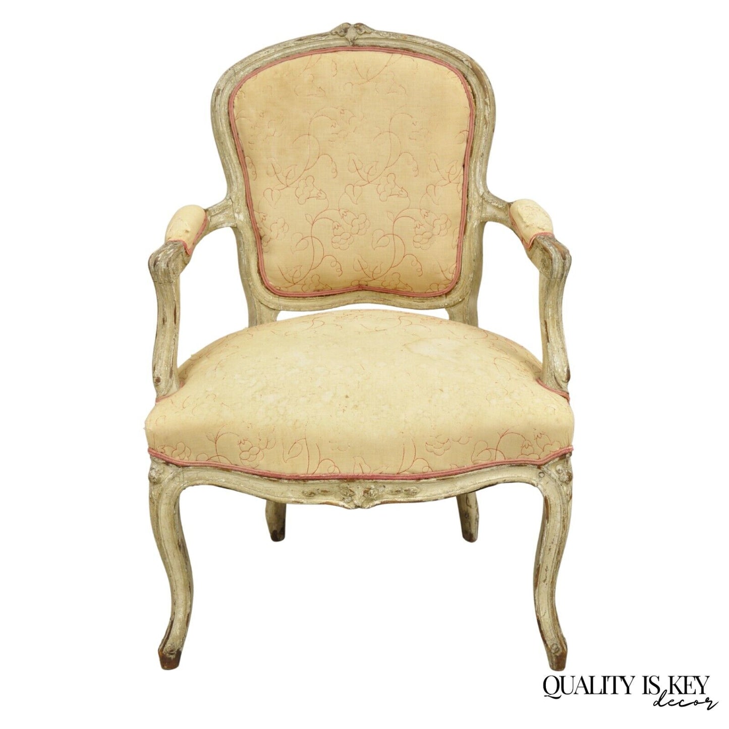 Antique French Louis XV Style Gustavian Cream Distress Painted Arm Chair