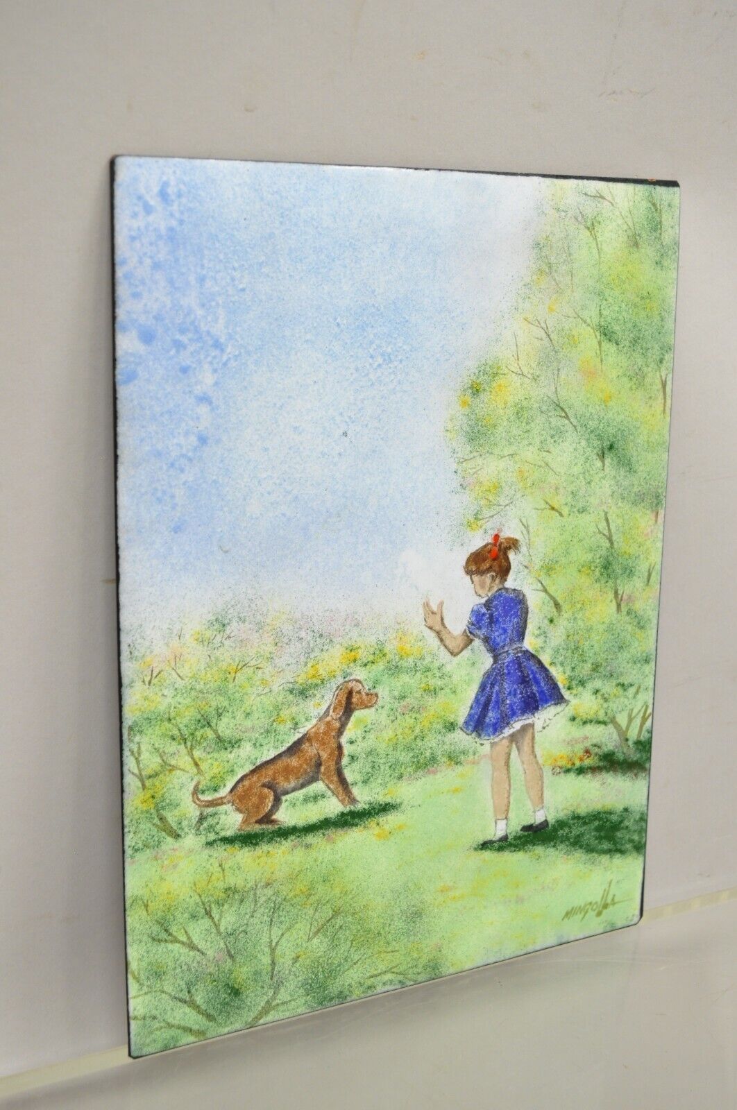 Dom Dominic Mingolla Enamel on Copper Painting Girl with Dog in Field 12 x 9