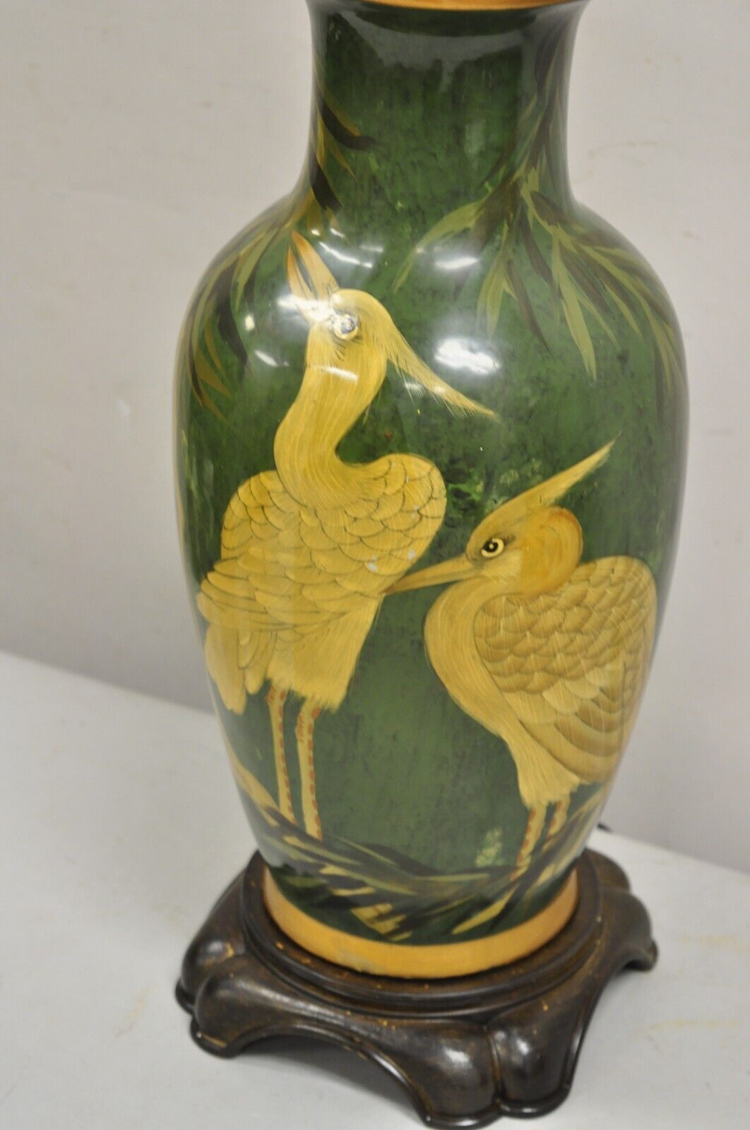 Vintage Chinoiserie Green Porcelain Jardiniere Table Lamp w/ Birds by Wildwood