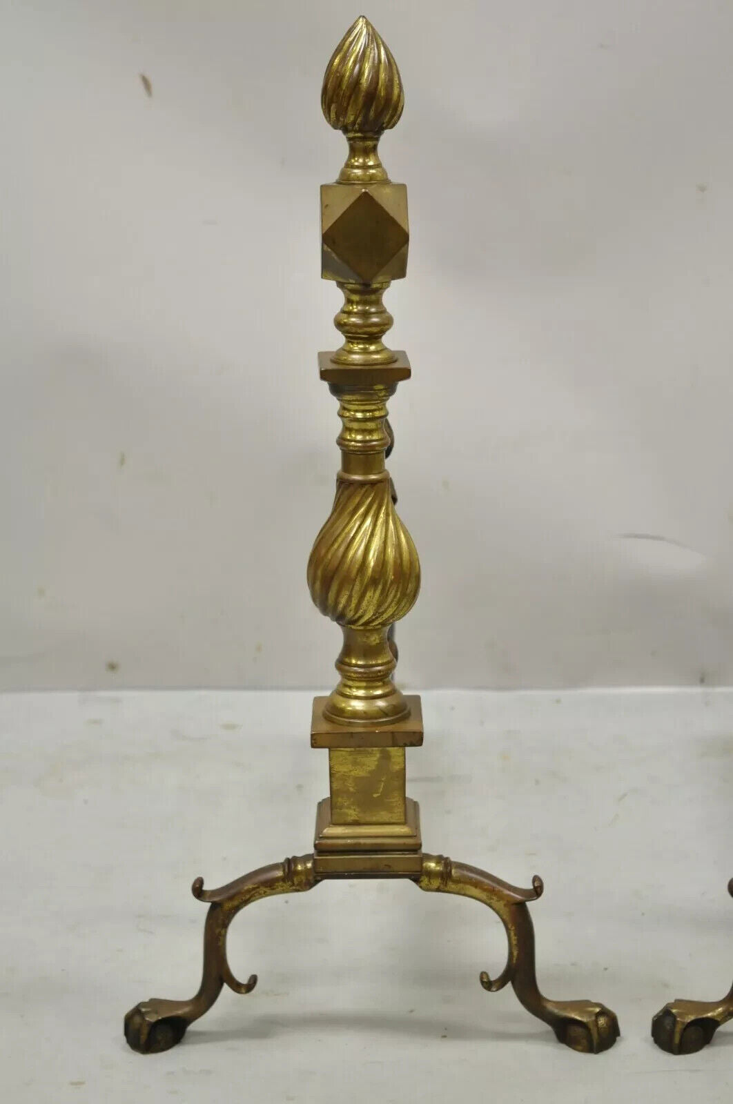 Antique Federal Brass Spiral Twist Finial Branch Leg Ball & Claw Andirons - Pair