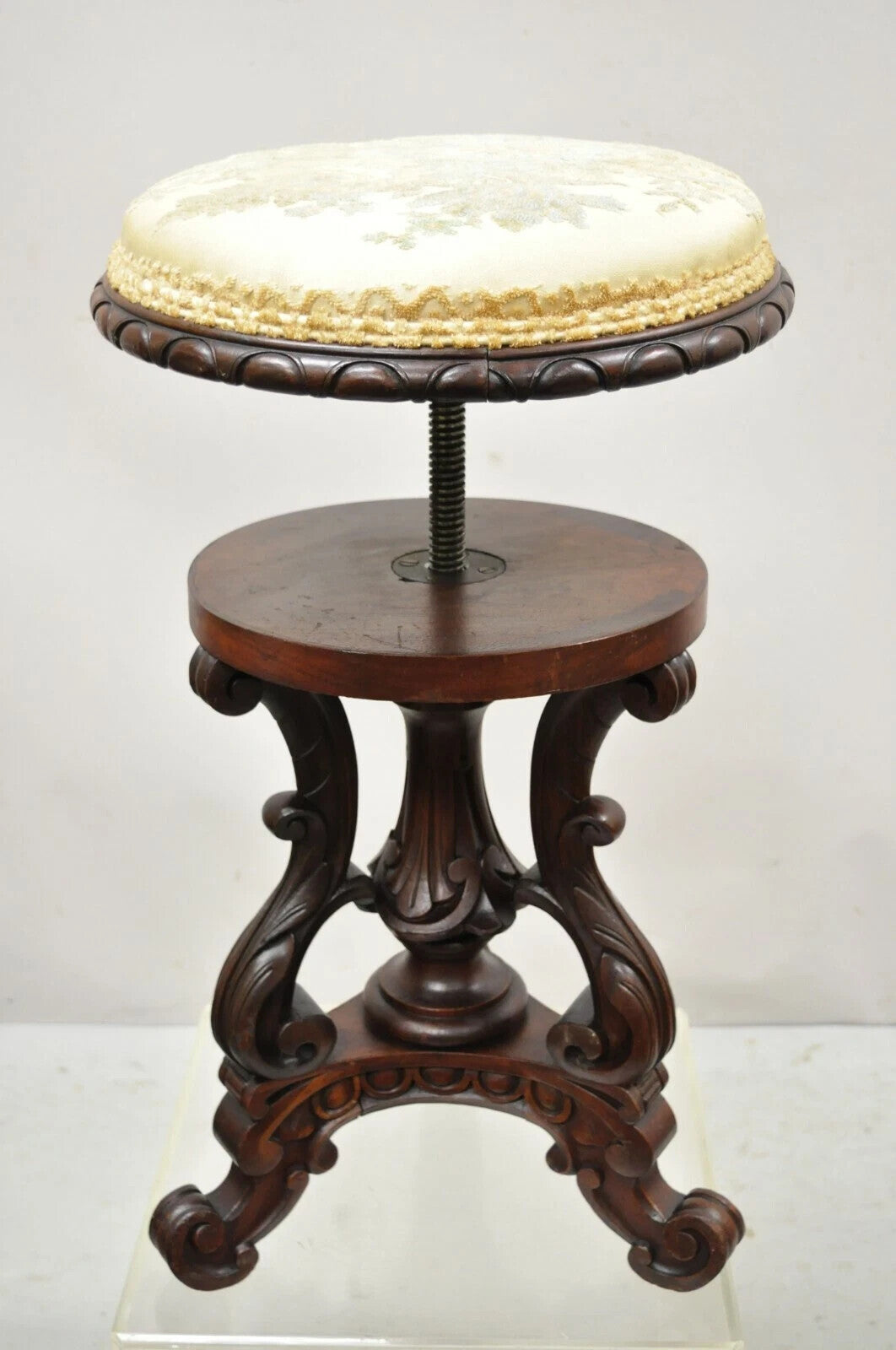 Antique Victorian Carved Walnut Adjustable Height Pedestal Base Piano Stool