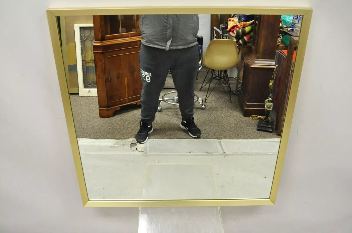 Vintage Friedman Brothers Brass Frame Modernist 38" Square Modern Wall Mirror