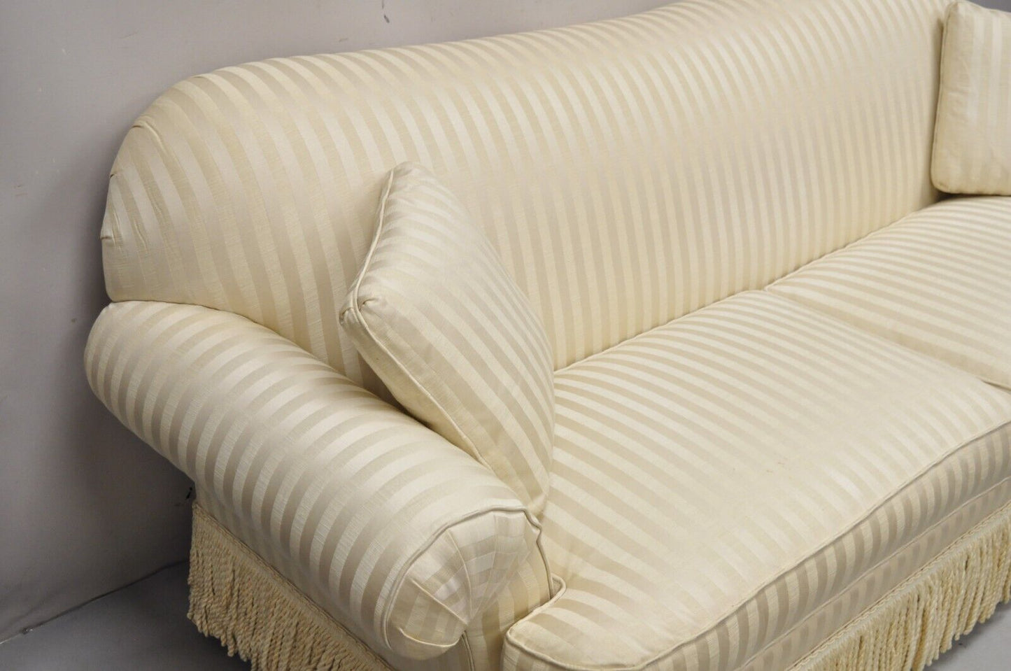Ethan Allen Contemporary Rolled Arm Gold Striped Upholstered Sofa with Skirt