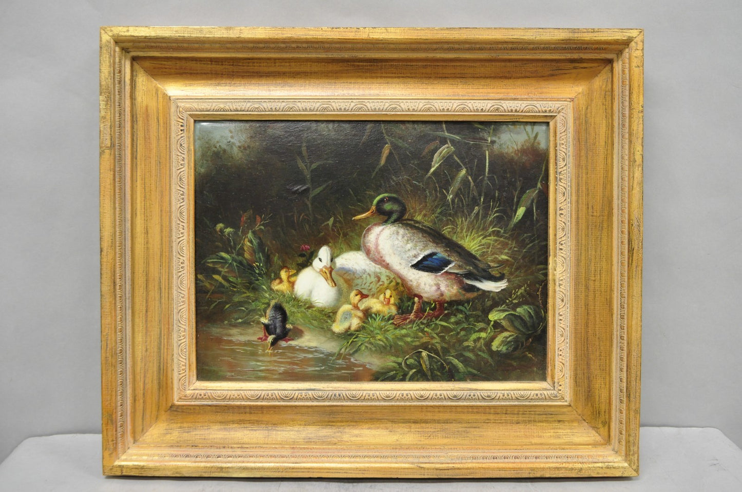 Vintage Traditional Oil on Canvas Wood Frame "Duck Family" Art Signed Borofsky