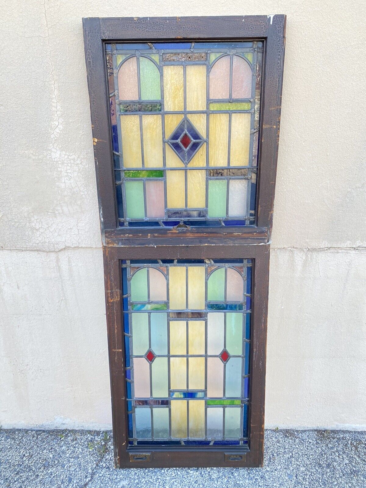 Antique Art Deco Leaded Stained Glass Pink Green Blue Yellow Windows - (2) Pair