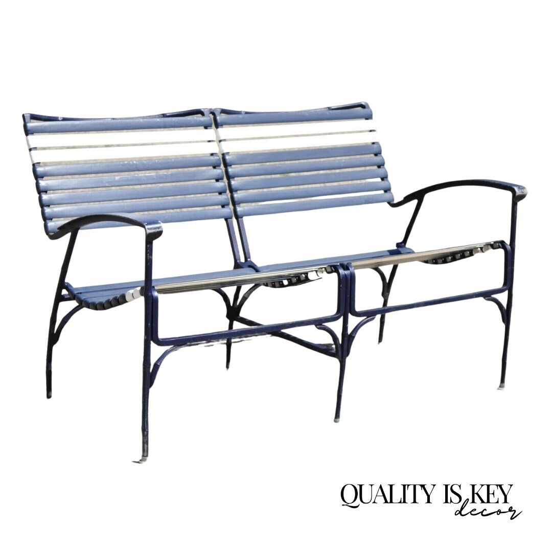 Vintage Faux Bamboo Aluminum Vinyl Strap Blue Garden Patio Loveseat Settee