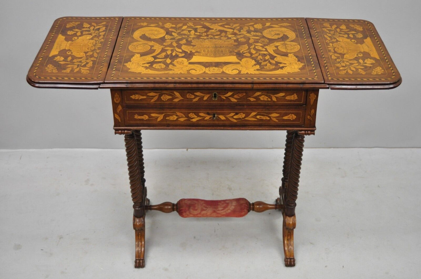 19th C. Dutch Marquetry Inlaid Regency Style Drop Leaf Sewing Stand Work Table