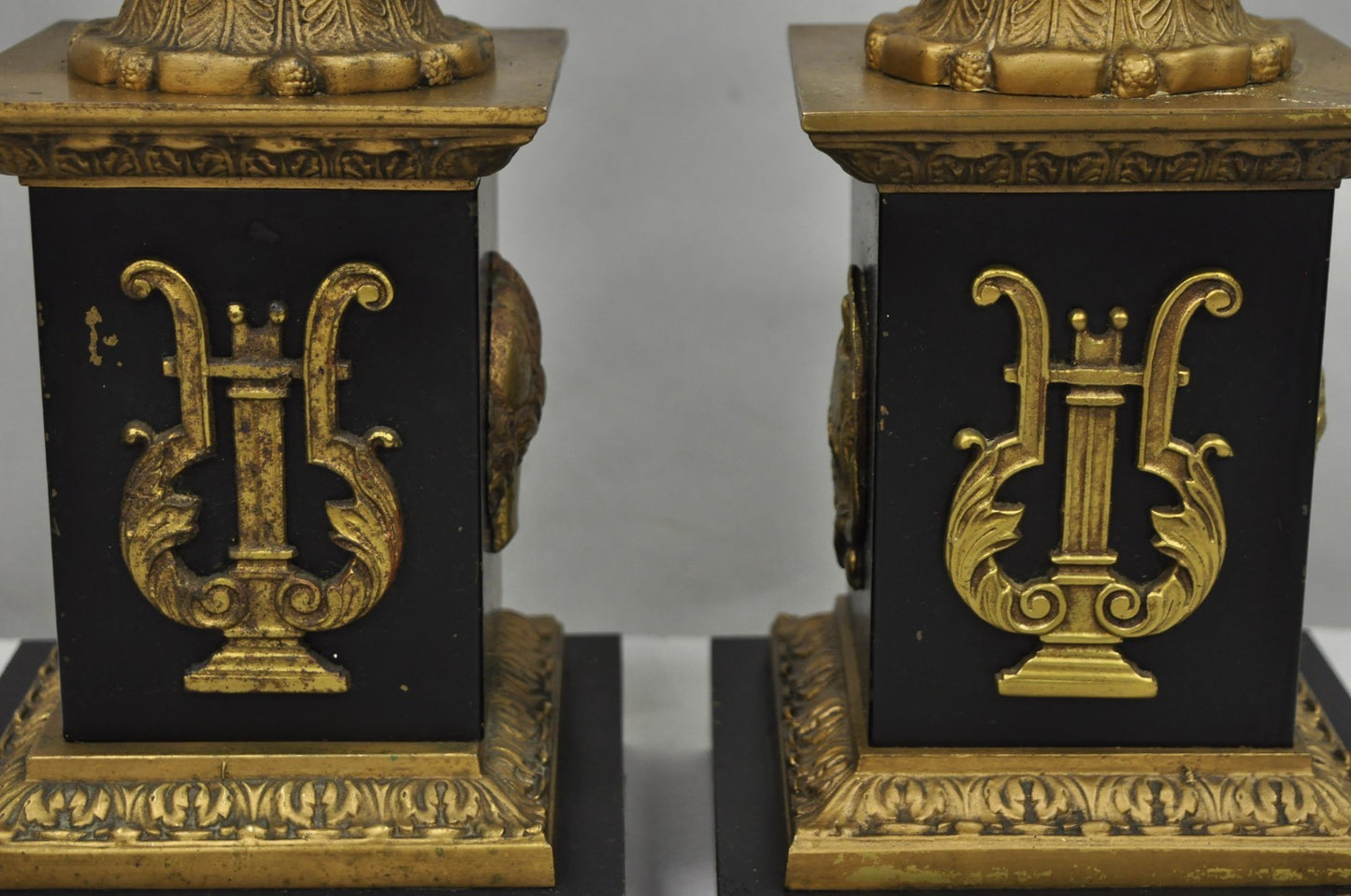 Antique French Empire Style Figural Black & Gold Tall Column Table Lamps - Pair