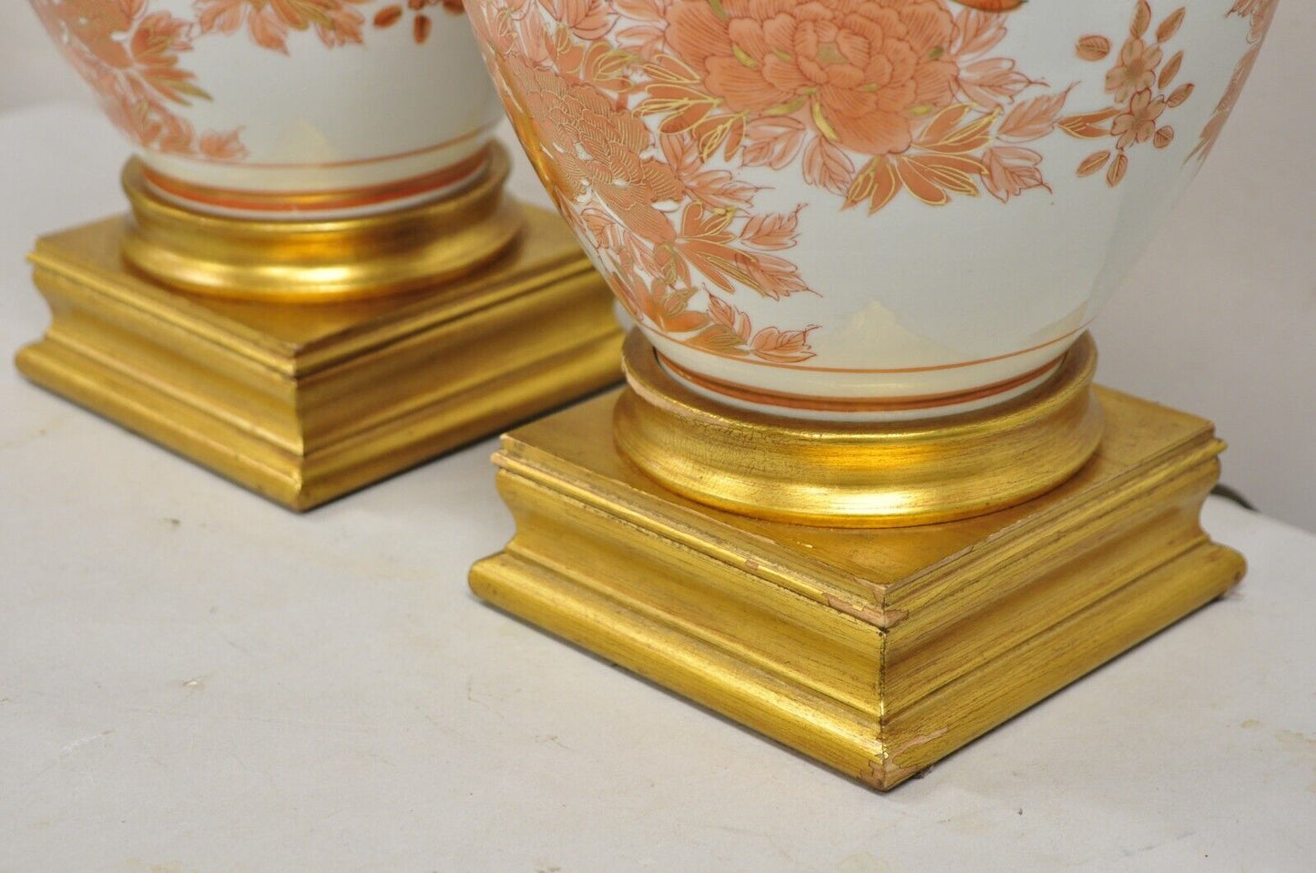 Vintage Marbro Chinoiserie Porcelain Vase Orange Floral Asian Table Lamp Pair