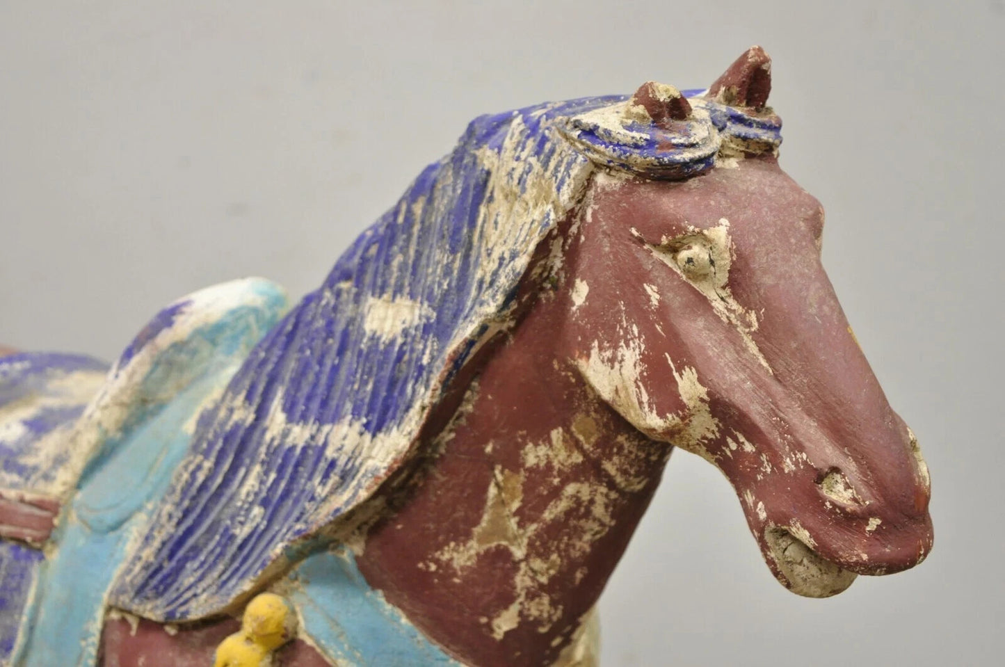 Chinese Polychrome Wooden Carved Wood 29" Tang Horse Sculpture Statue Red Figure