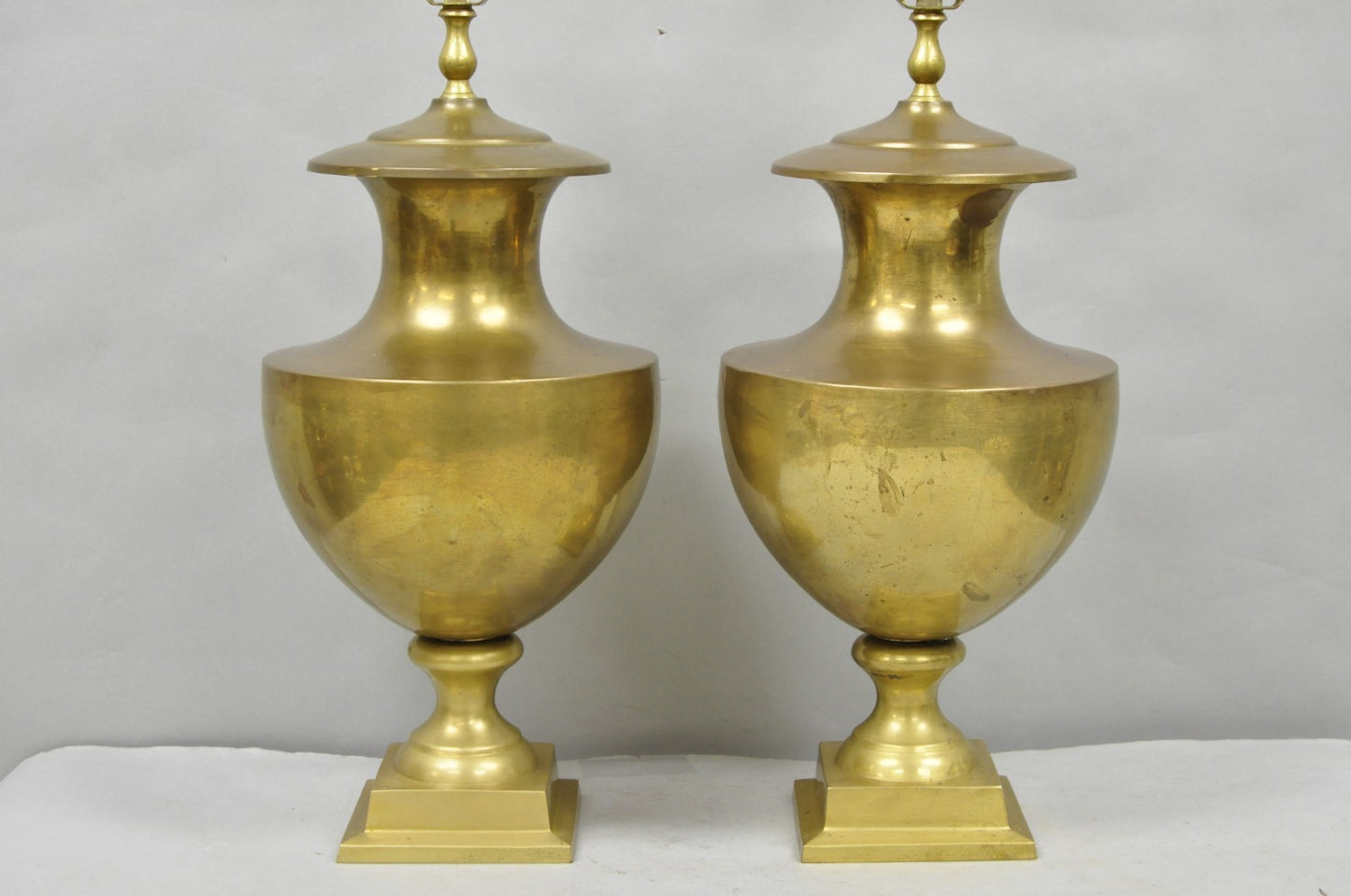 Vintage Hollywood Regency Patinated Brass Jardiniere Urn Table Lamps - a Pair