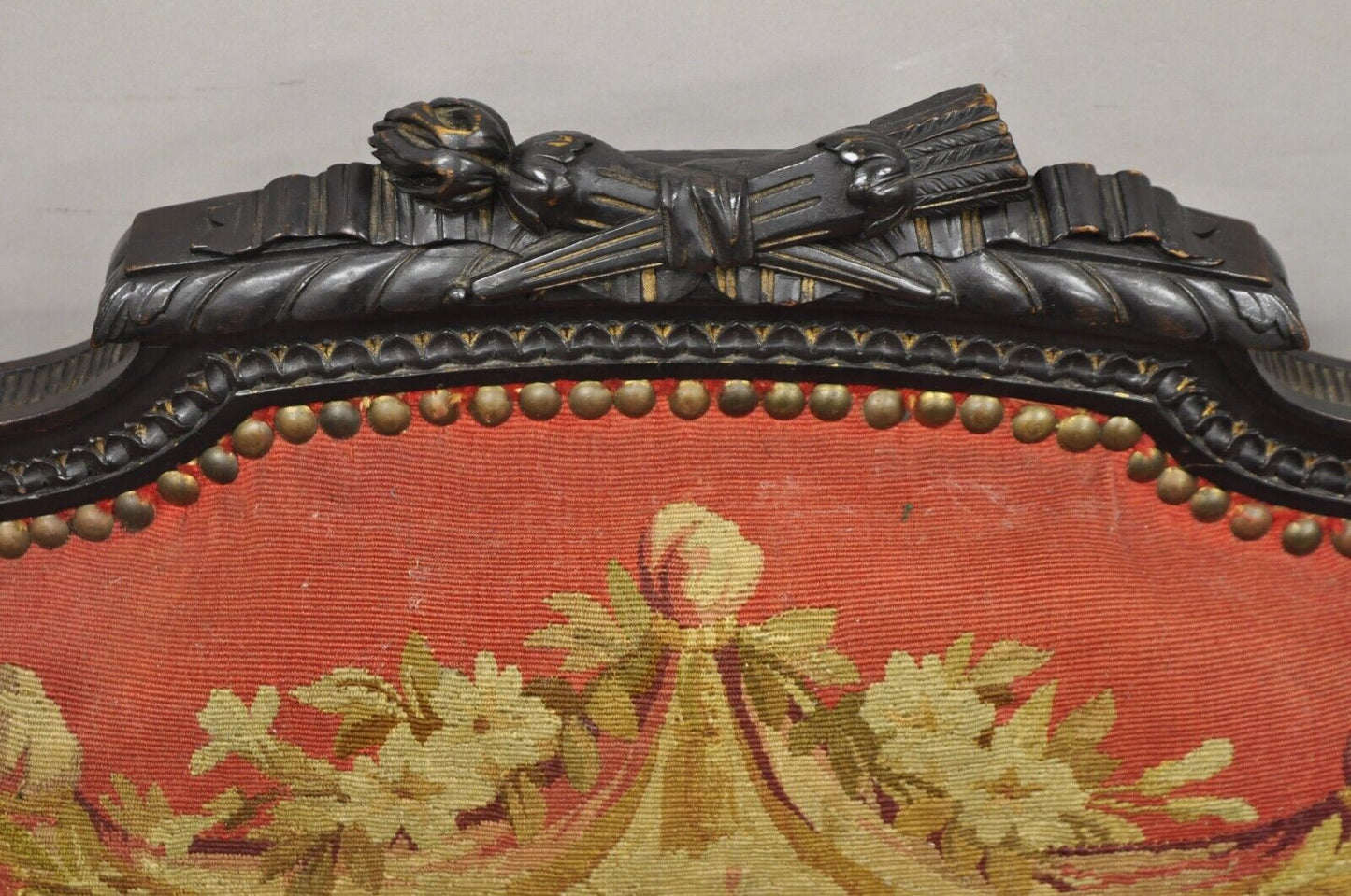 Antique French Empire Black Ebonized Walnut Needlepoint Parlor Arm Chair