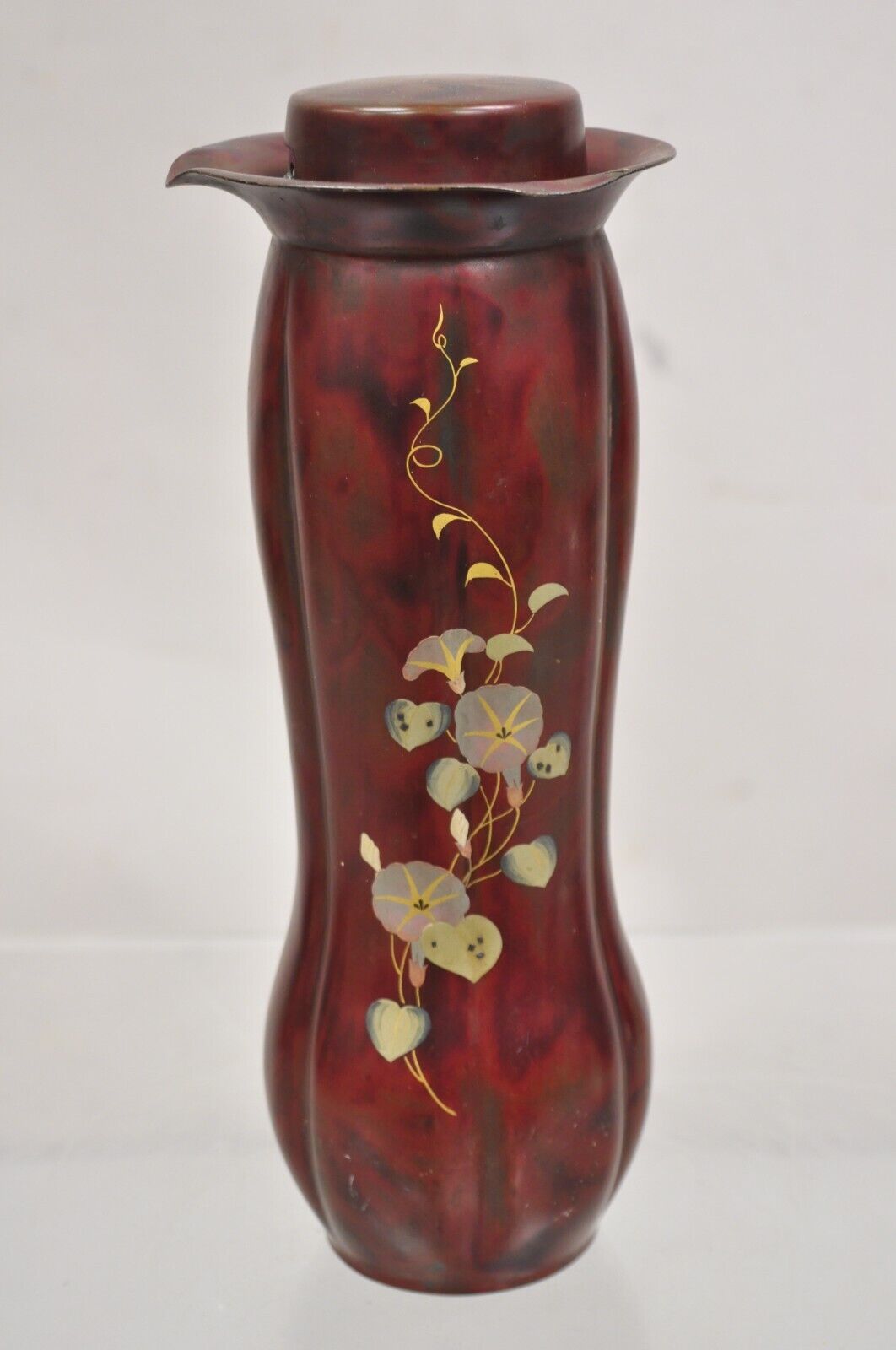Vintage Occupied Japan Bronze Metal Red Lacquered Bulbous Pitcher by Marumi
