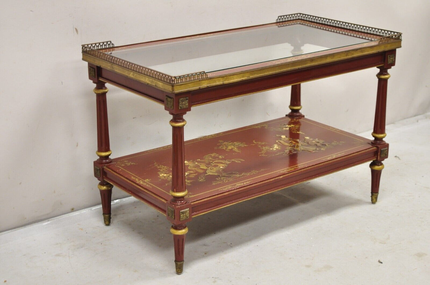 Chinoiserie Red Lacquer Gilt Painted Oriental Asian Glass Top Coffee Table
