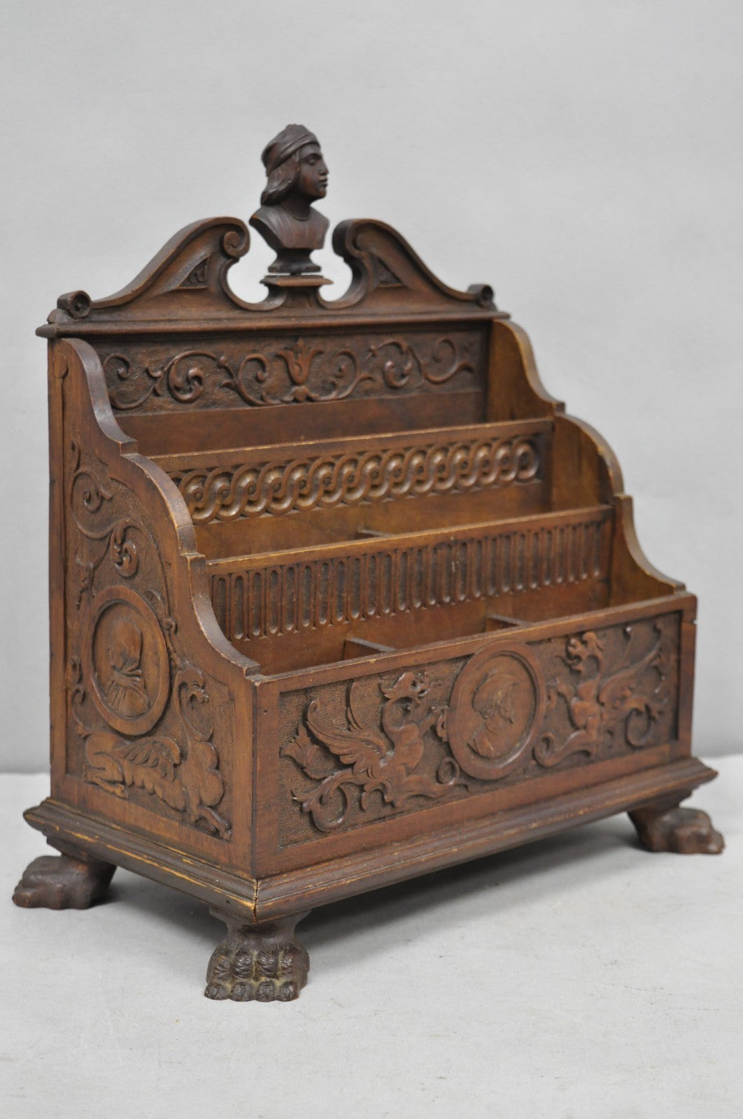 Antique Italian Renaissance Figural Carved Walnut Paw Foot Desk Letterbox