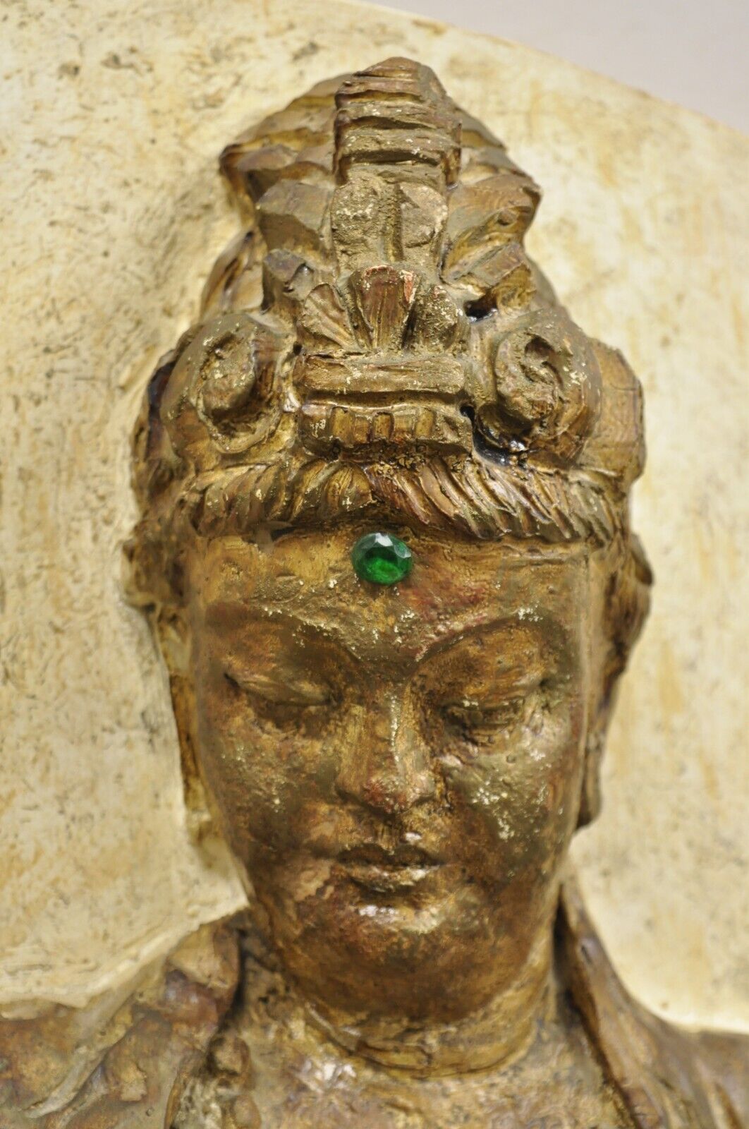 Large Vintage Fiberglass Kuan Shih Yin Buddha Relief Round Wall Art Sculpture