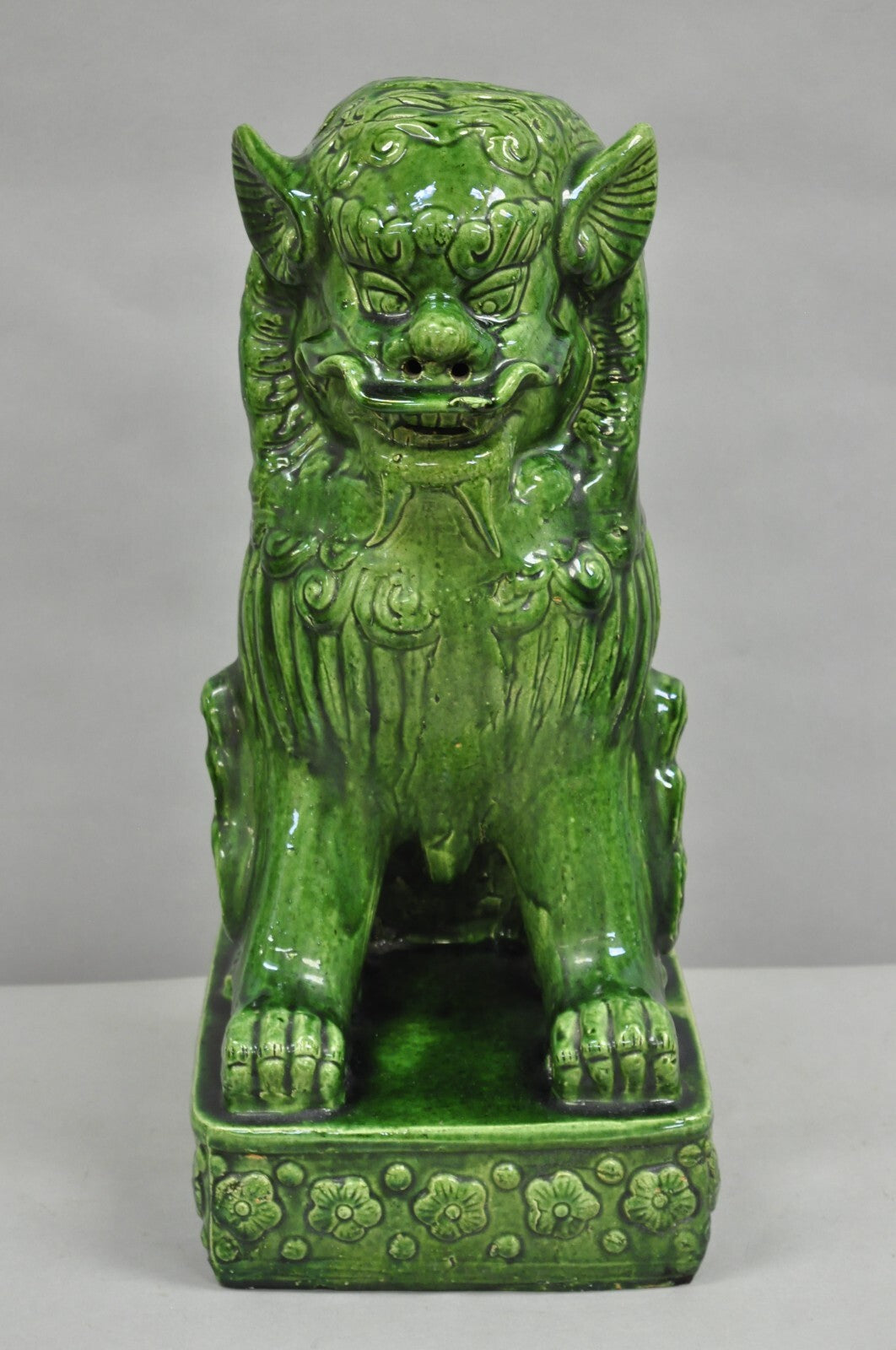 Vintage Chinoiserie Green Majolica Glazed Ceramic 24" Chinese Foo Dog Statue