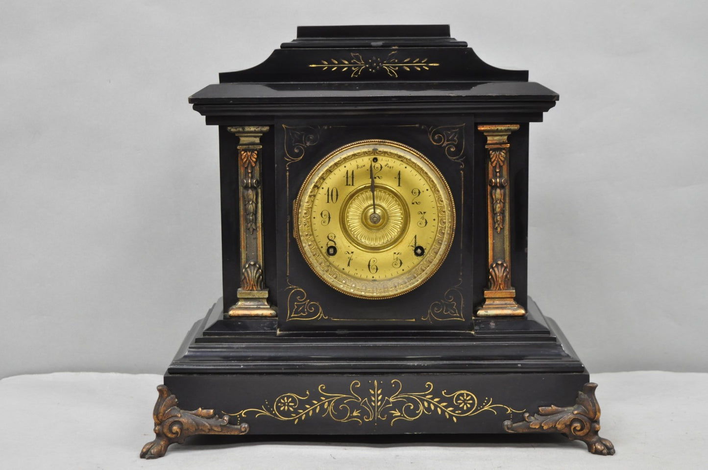 Antique Ansonia Black Mantel Clock with Bronze Coated Columns and Claw Feet