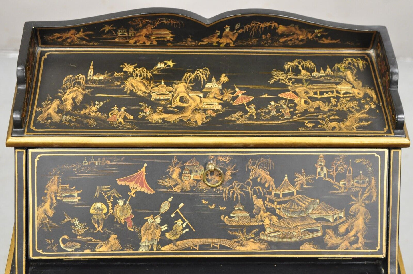 Decorative Chinoiserie Bombe Style Black Lacquer Oriental Jewelry Box