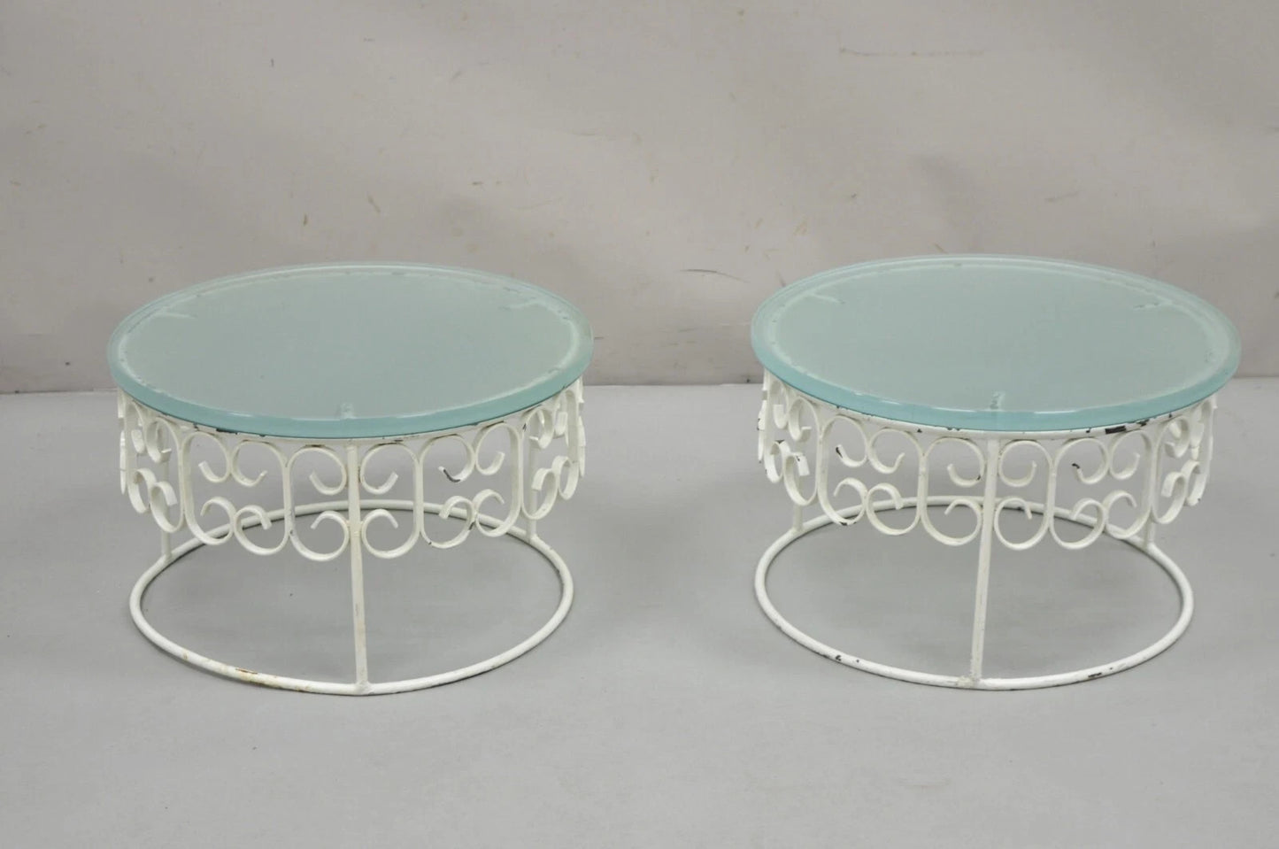 Vintage Arthur Umanoff Wrought Iron Scroll Low Round Glass Top Side Table - Pair