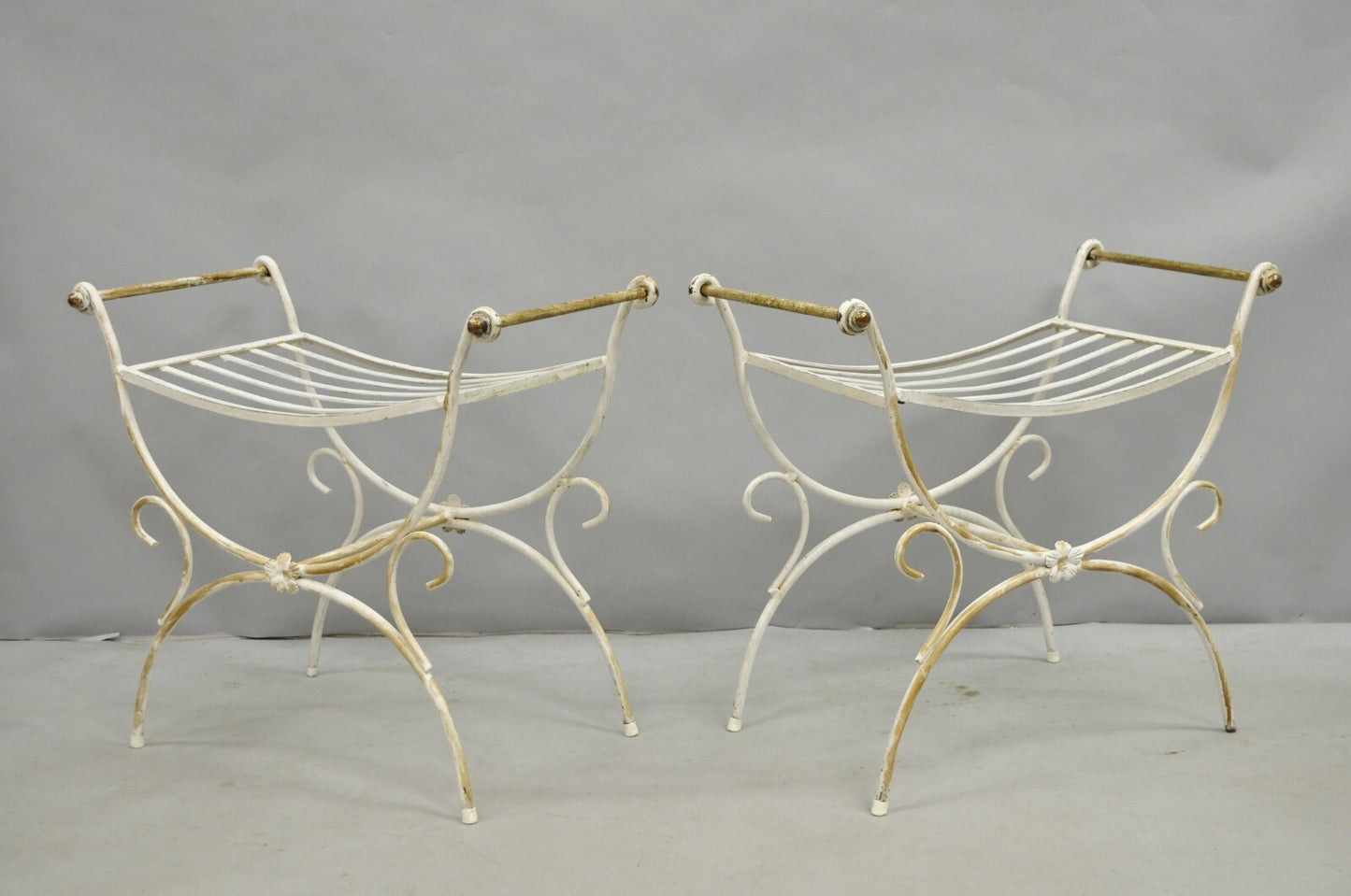 Vintage Italian Regency Wrought Iron & Brass Curule X Frame Stool - a Pair