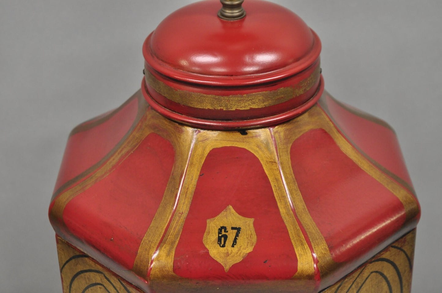 Vintage Chinoiserie Red Tole Metal Tea Canister Table Lamp by Vaughan Design Ltd