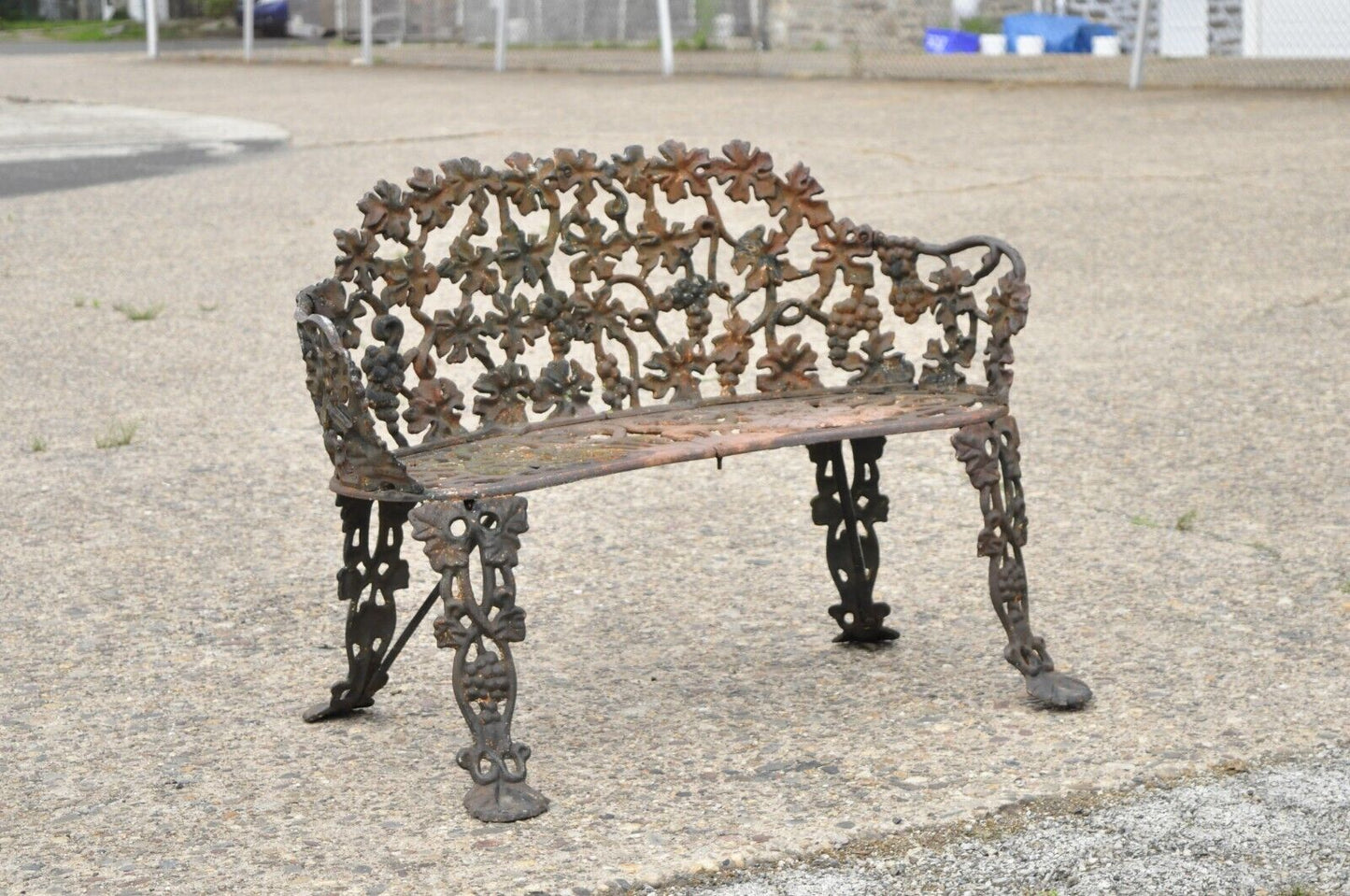 Antique French Victorian Grape Vine Leaf Cast Iron Small Garden Bench Loveseat