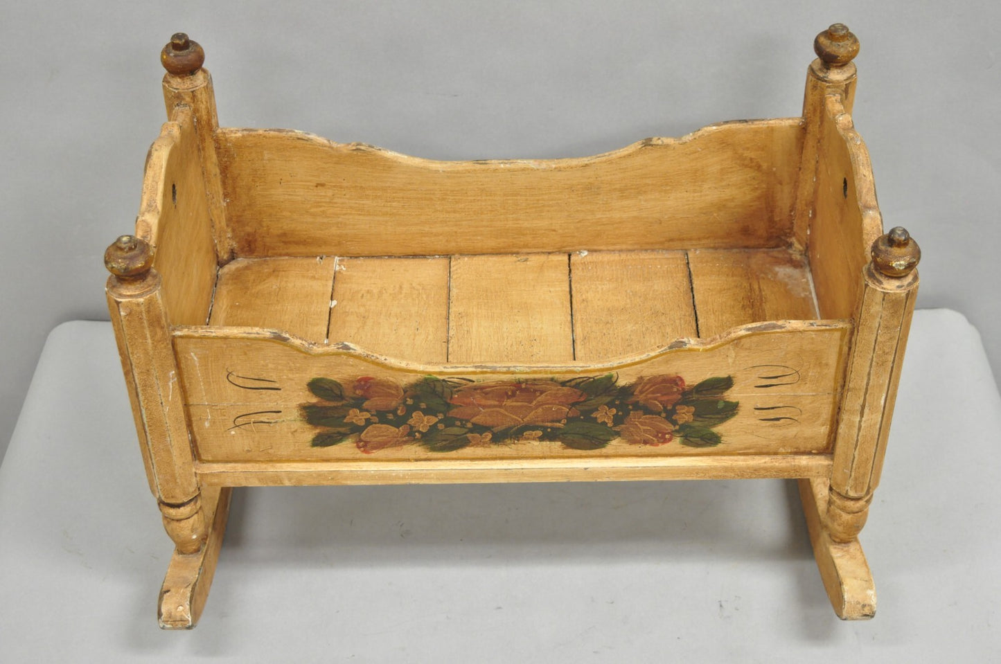 Antique Colonial Figural Painted "1820" Wooden Baby Doll Cradle