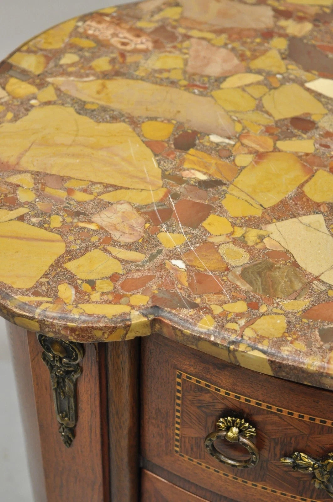 Antique French Louis XV Style Marble Top Bombe Commode Nightstand Side Table