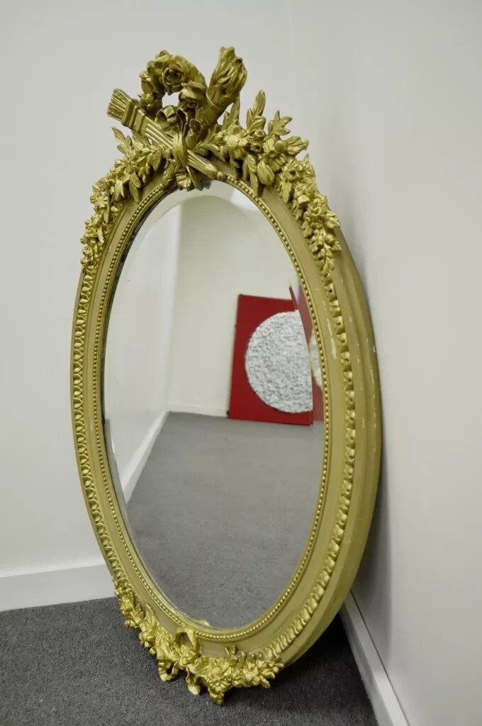 Antique French Louis XVI Style Gold Gilt Torch Flame Gesso Oval Wall Mirror