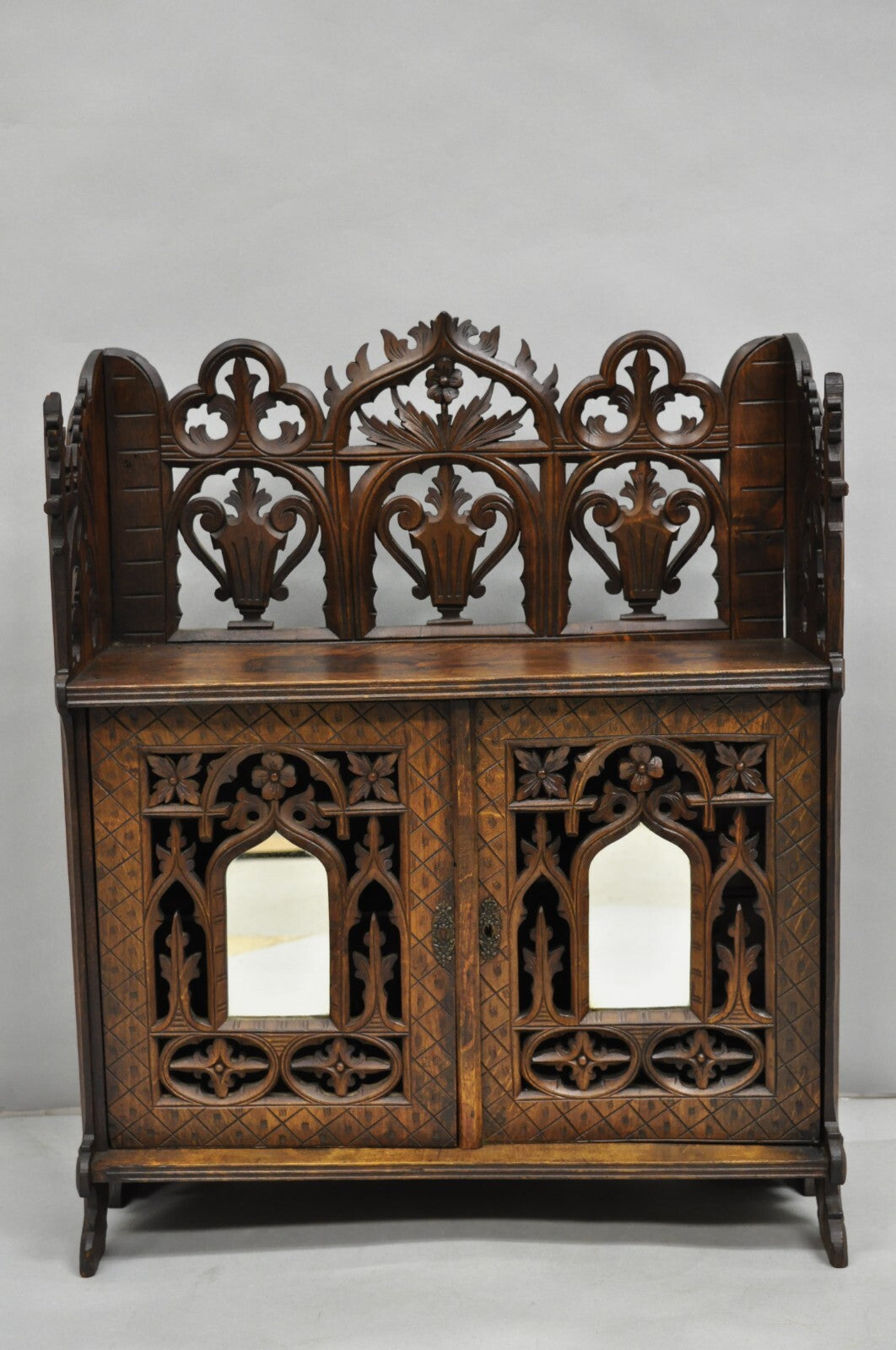 Antique Gothic Arts & Crafts Black Forest Walnut Carved Small Wall Curio Cabinet