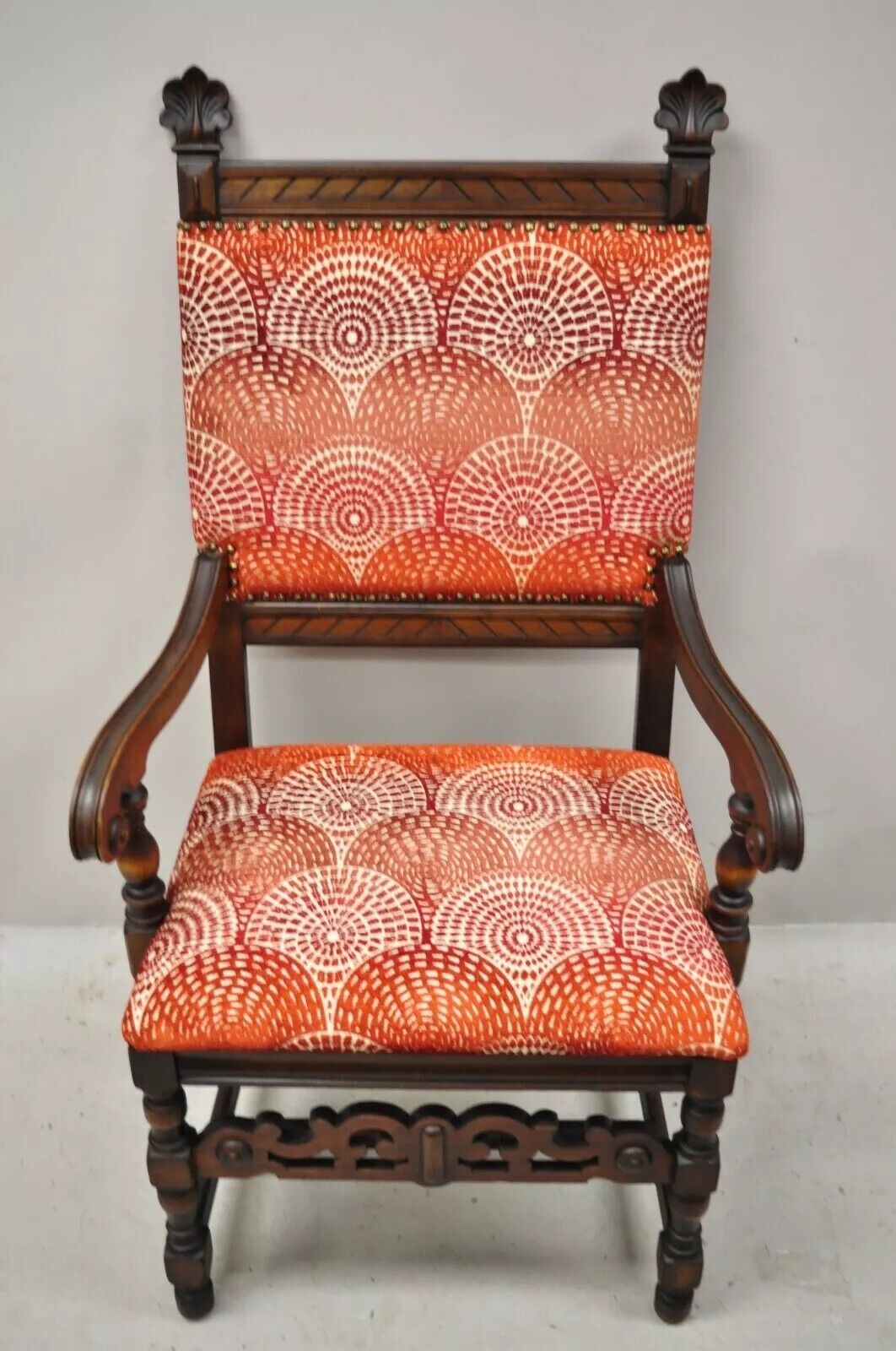 Antique Italian Renaissance Revival Carved Walnut Throne Captains Red Arm Chair