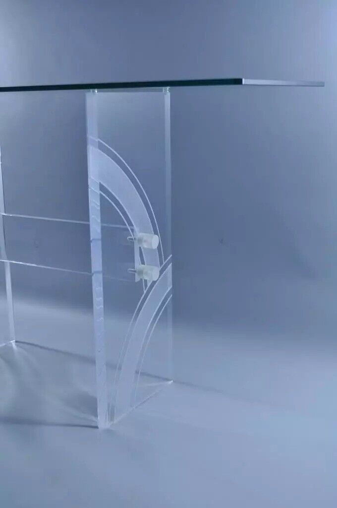 Vintage Mid Century Modern Clear Etched Lucite & Glass Console Hall Sofa Table