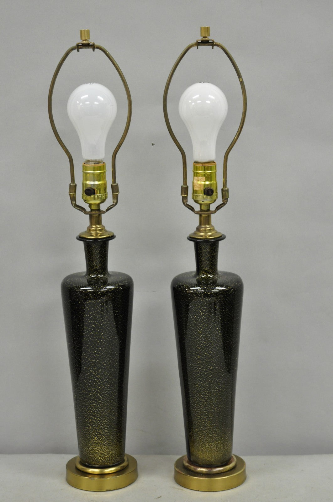 Vintage Mid Century Modern Black Glass w/ Gold Speckles Urn Table Lamps - a Pair