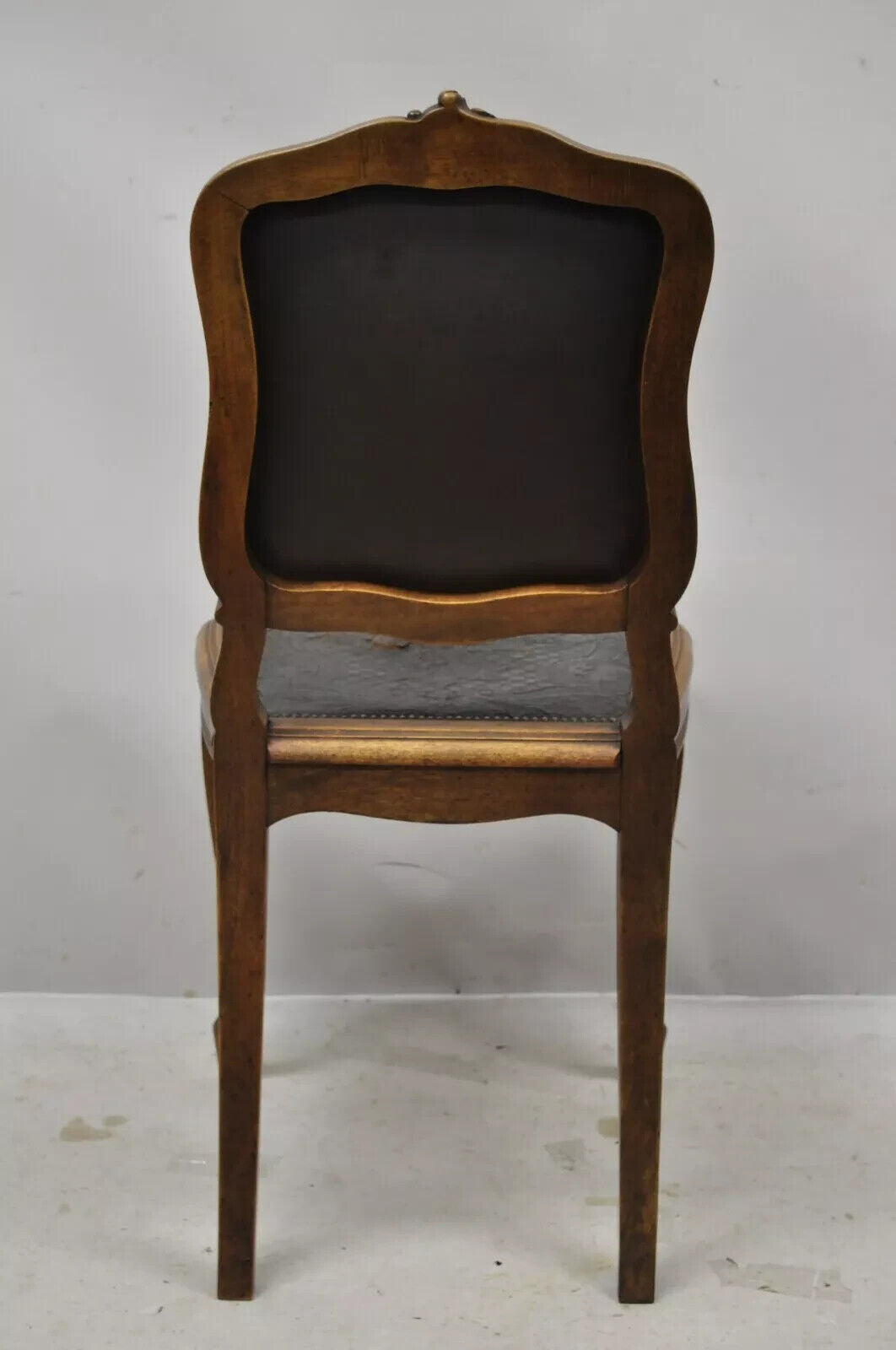 Antique French Louis XV Style Brown Embossed Leather Walnut Side Chair (C)