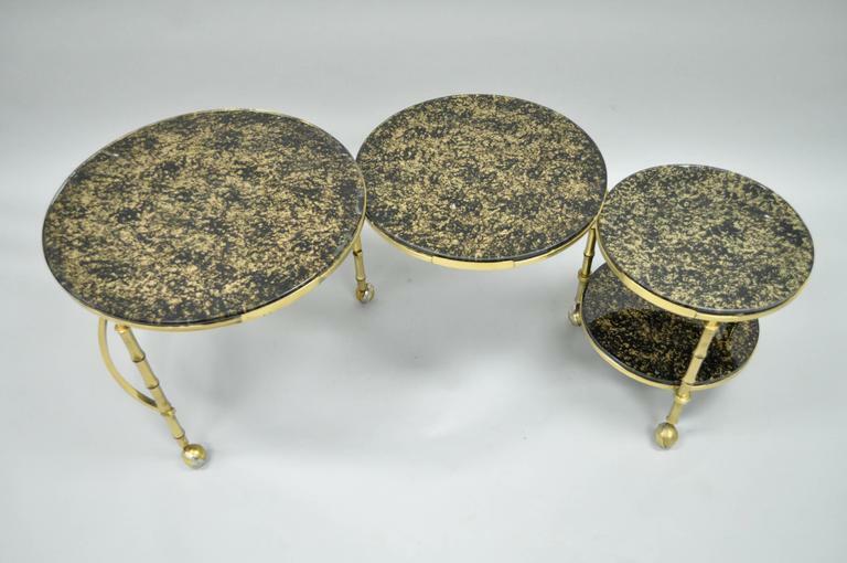 Hollywood Regency Brass & Glass Faux Bamboo Round Nesting Side Coffee Table