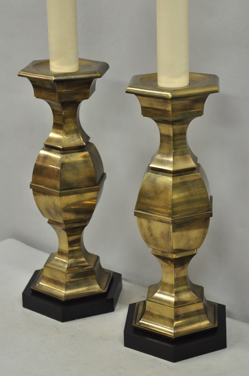 Vintage Hollywood Regency Burnished Brass Candlestick Table Lamps - a Pair