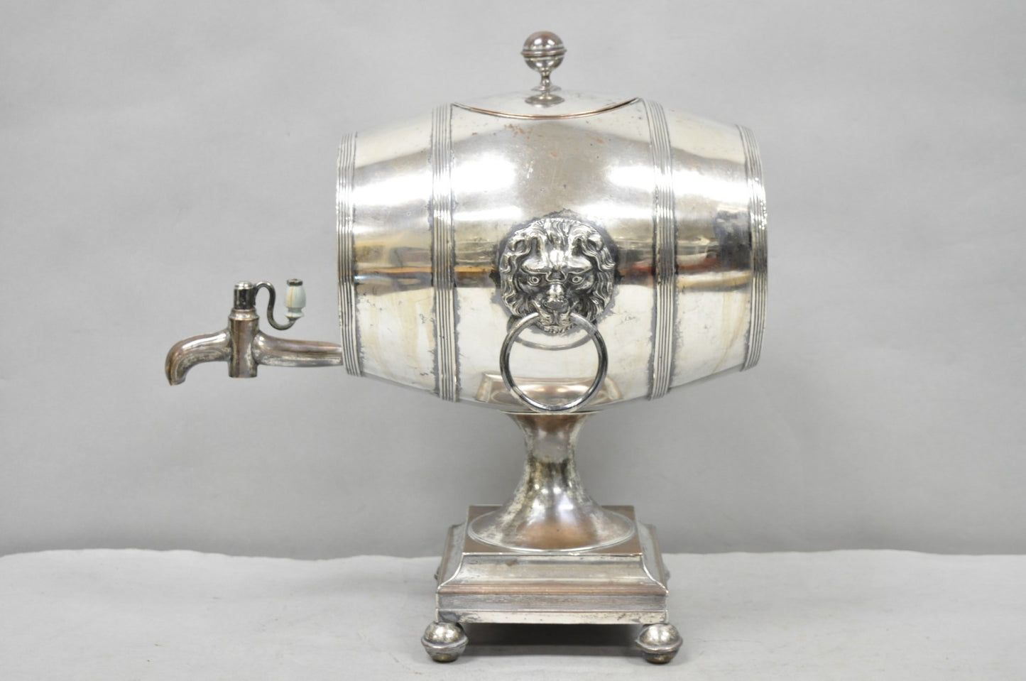 Antique English Regency Silver Plated "Whiskey Barrel" Samovar w/ Lions by B&W