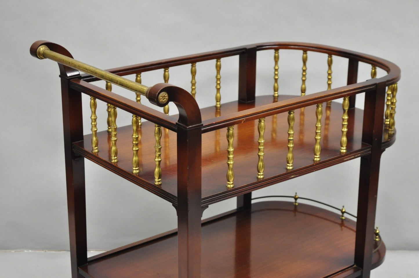 Vintage French Regency Mahogany 2 Tier Brass Gallery Rolling Bar Cart Server