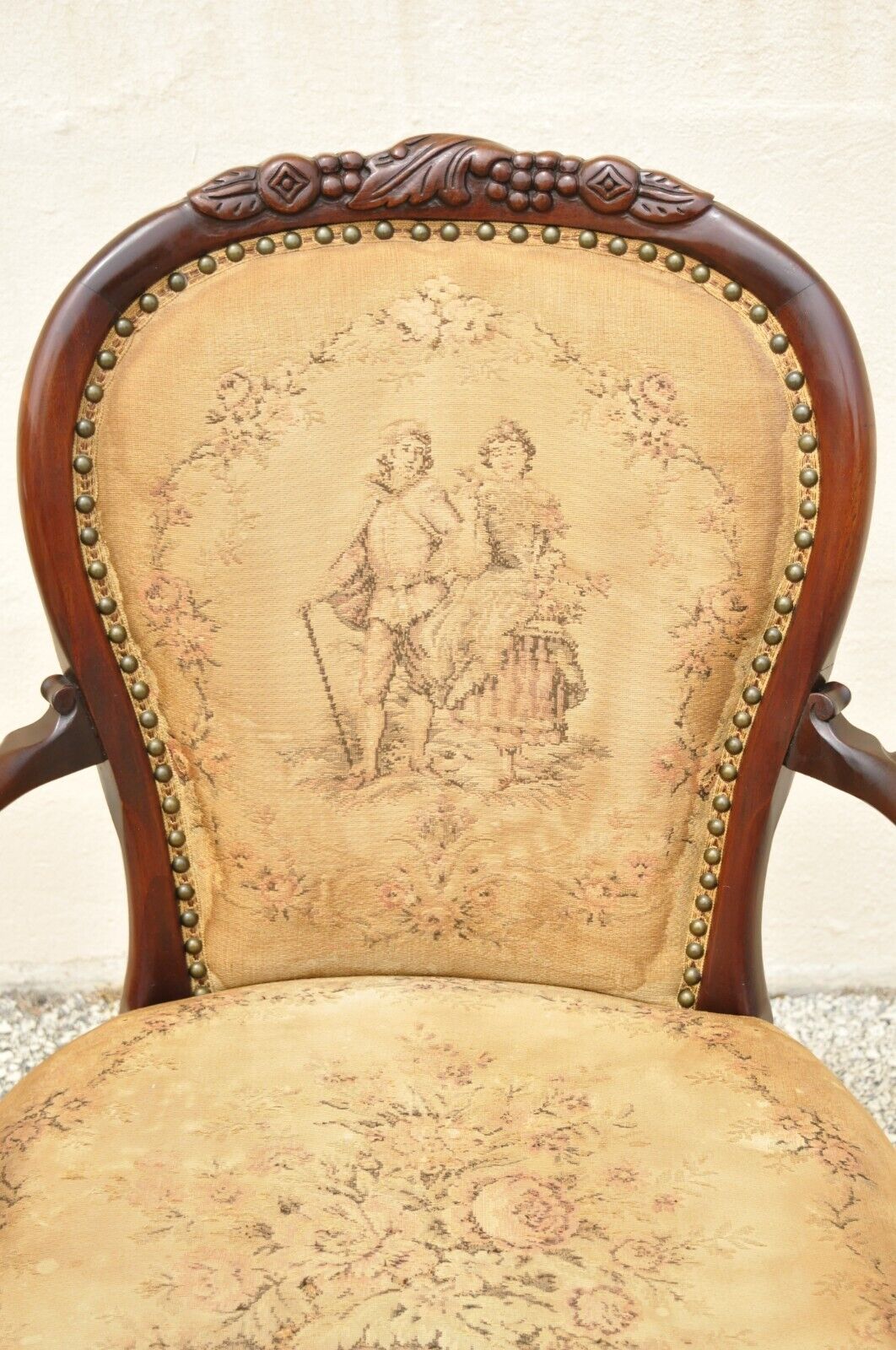 Vintage French Victorian Style Carved Mahogany Frame Lounge Arm Chair
