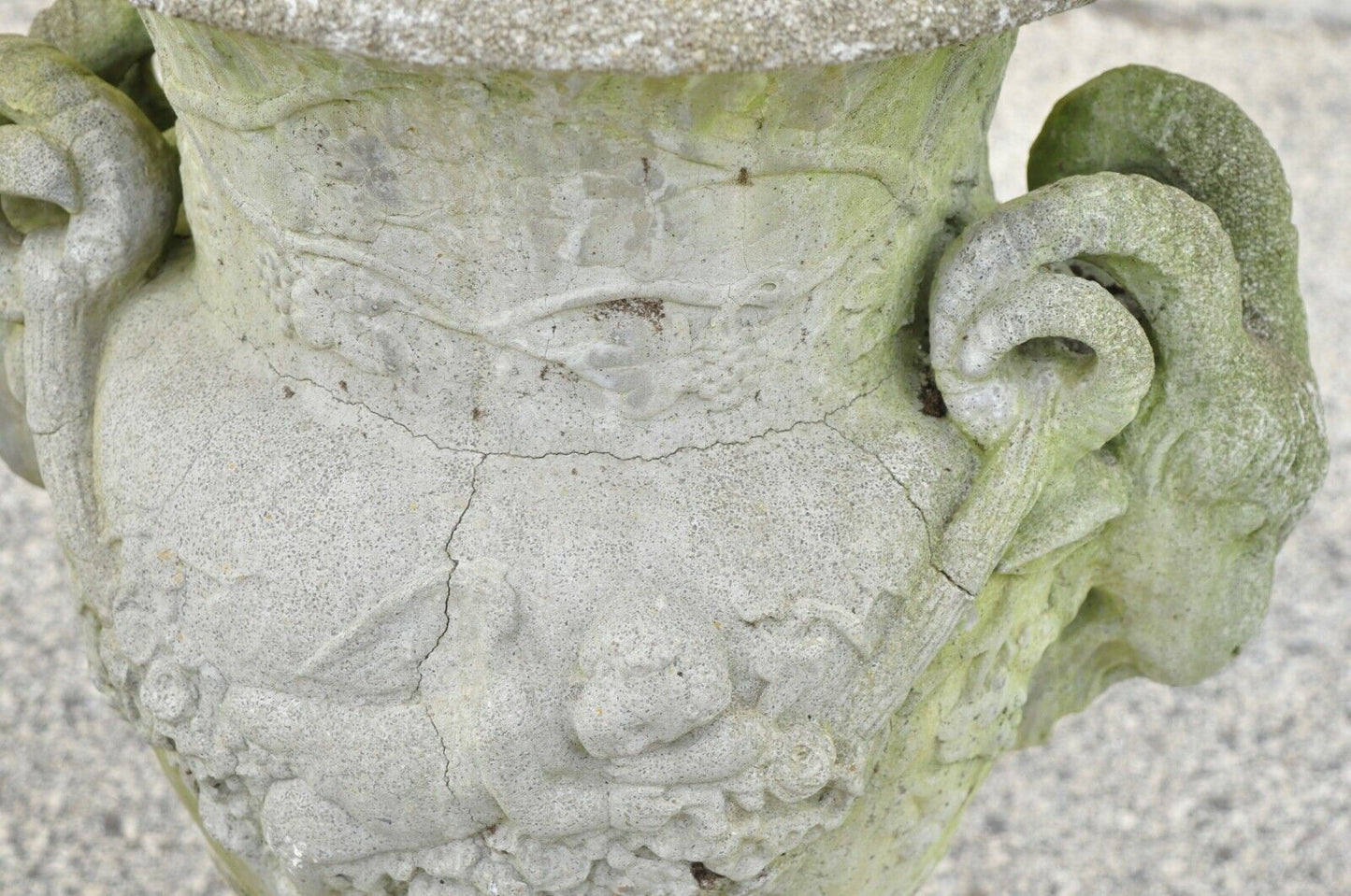 French Neoclassical 28" Concrete Figural Cherub Rams Garden Planters - a Pair