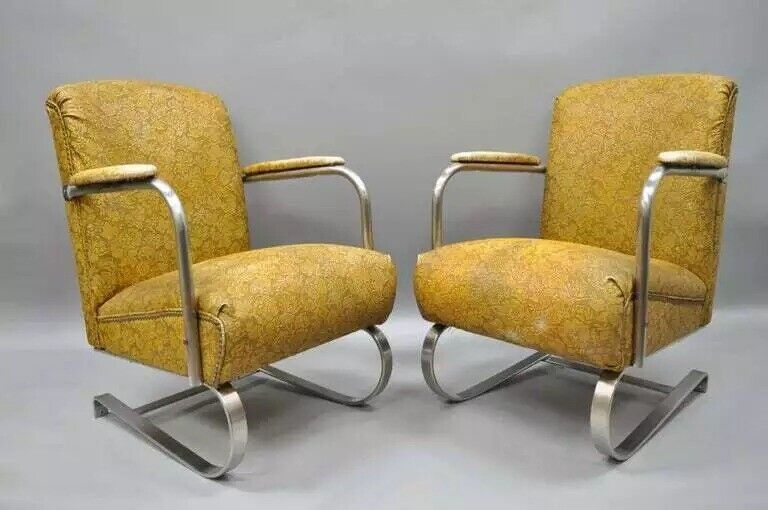 Art Deco Lloyd KEM Weber Style Chrome Steel Springer Lounge Chairs - a Pair