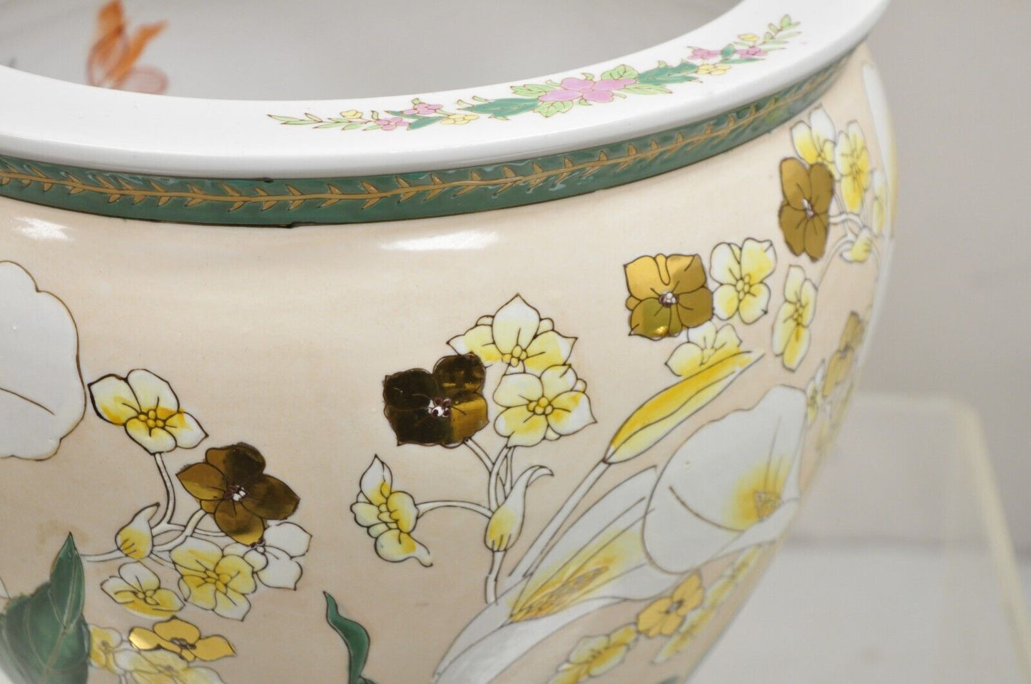 Vintage Chinese Ceramic Jardiniere Cachepot Planter Pot with Fish & Lilies