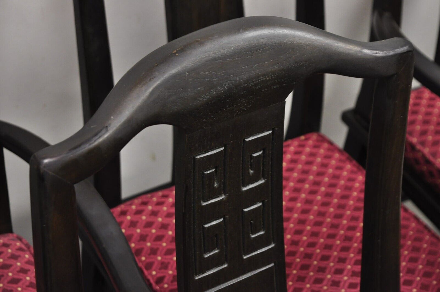 Vintage Chinoiserie Asian Ming Style Solid Wood Carved Dining Chairs - Set of 6