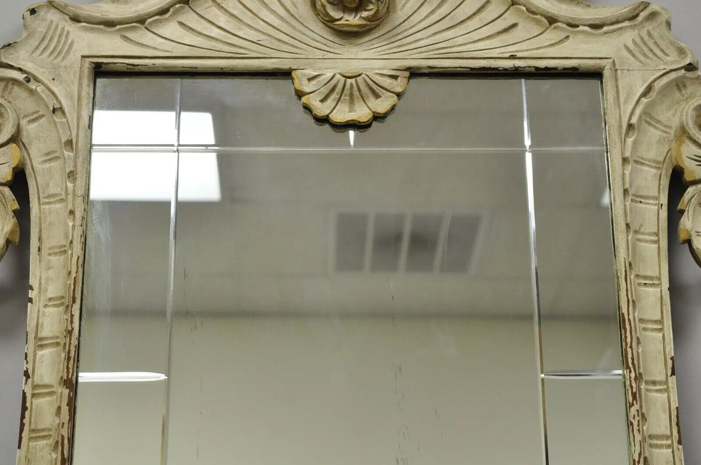 Antique Victorian White Shabby Distress Painted Chic Rose Carved Wall Mirror
