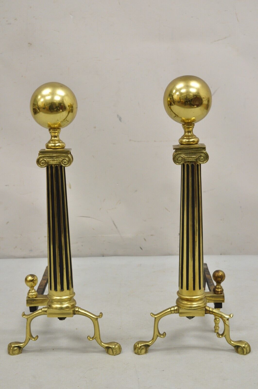 Vintage French Empire Style Brass Cannonball Column Form Branch Foot Andirons