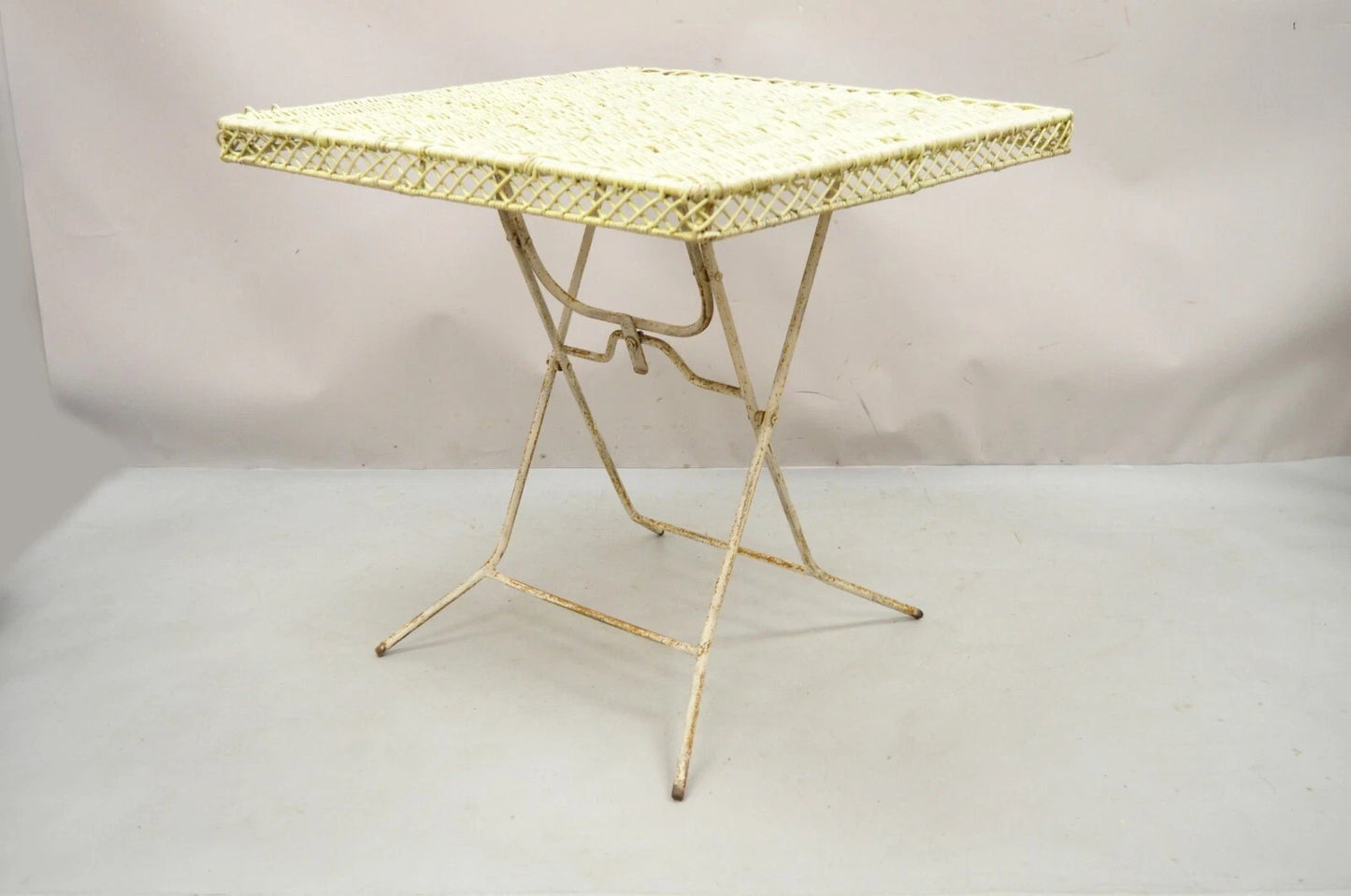 Vintage Victorian Style Wrought Iron Wicker Rattan Top Folding Card Game Table