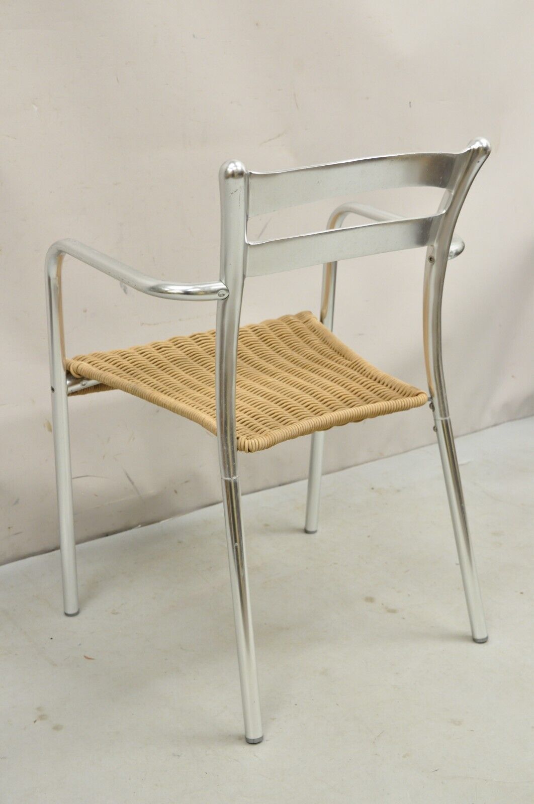 Modern Sculptural Aluminum Metal Rattan Silver Stacking Dining Chairs - Set of 4