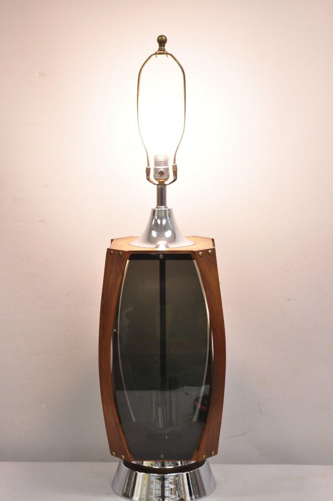Vintage Lawrin Mid Century Modern Walnut Chrome Smoked Plexiglass Table Lamp